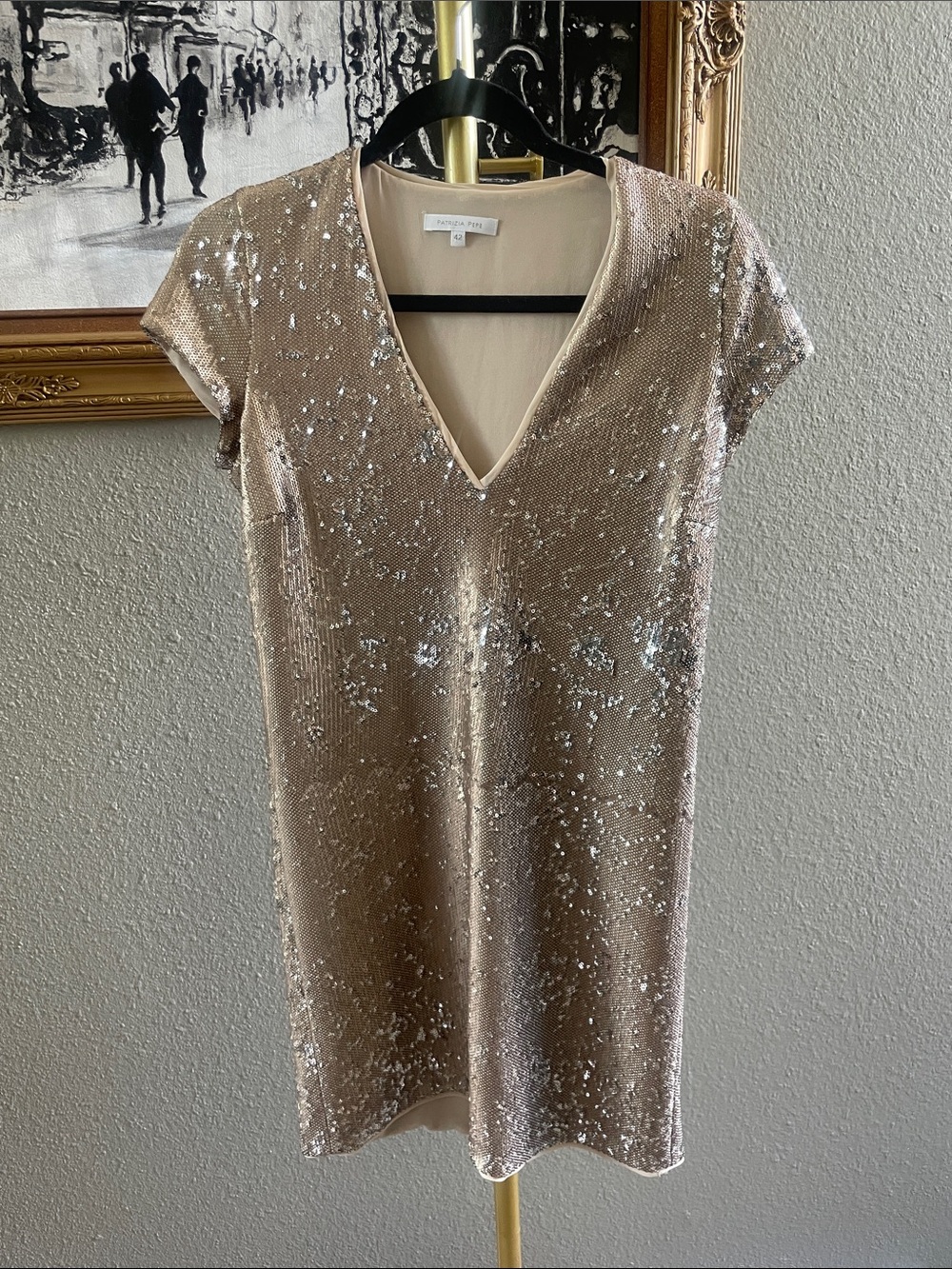 Patrizia Pepe Champagne Sequin V-Neck Mini Dress size 6